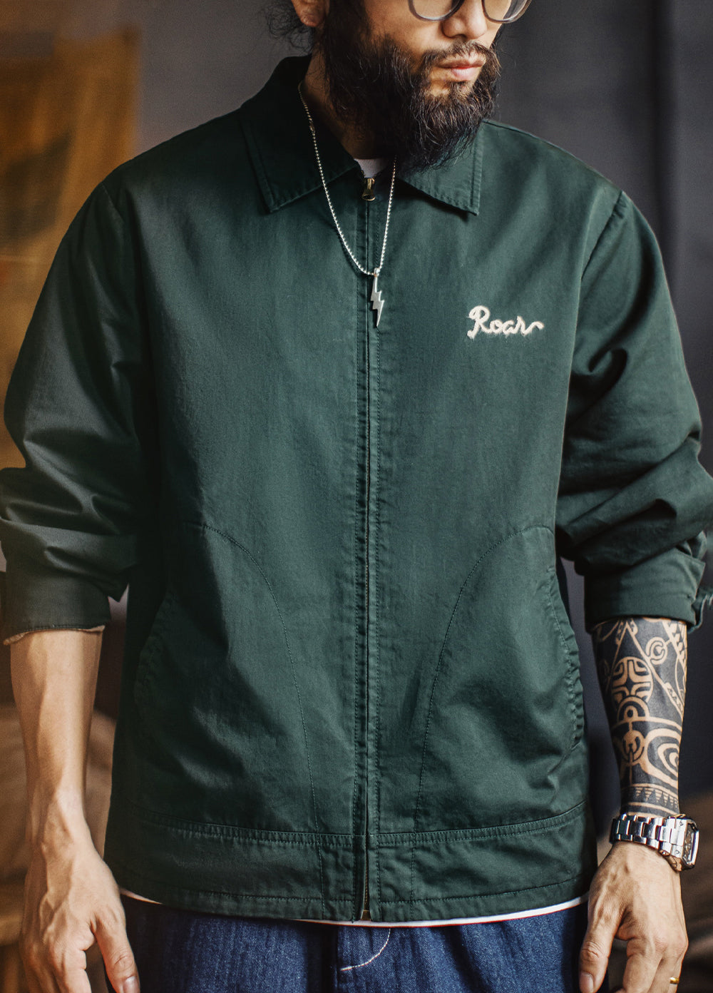 American Retro Embroidery Coach Lapel Dark Green Heavy Cotton Men's Jacket - Harmony Gallery