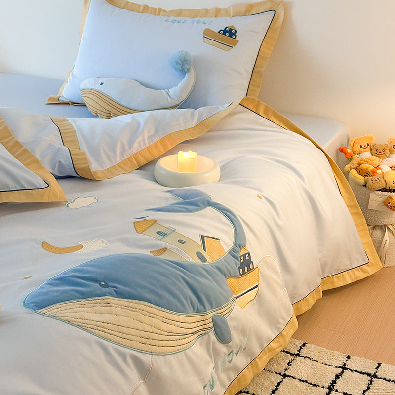 Cute Cartoon Whale For Boy And Girl  Pure Cotton Four-Piece Bed Set