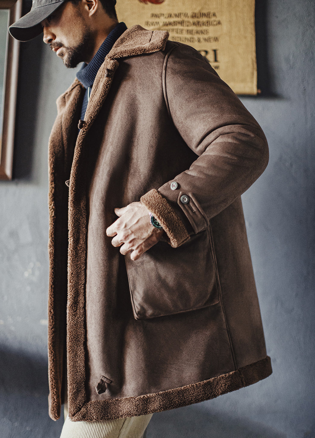 American Retro B7 Suede Parka Mid-Length Faux Lambswool Thickened Men's Coat