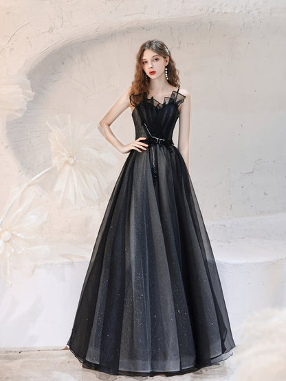 Elegant Black Sparkling Tulle Ball Gown with Ruffled Bodice - Harmony Gallery