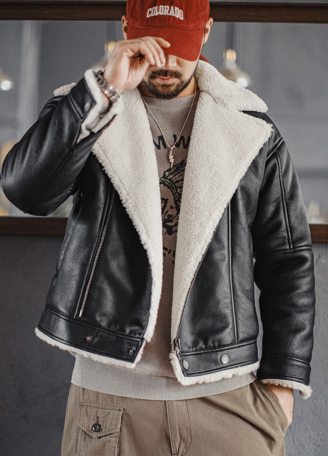 American G1 Flight Bomber Faux Textured Lambswool Lychee Leather Men's Jacket