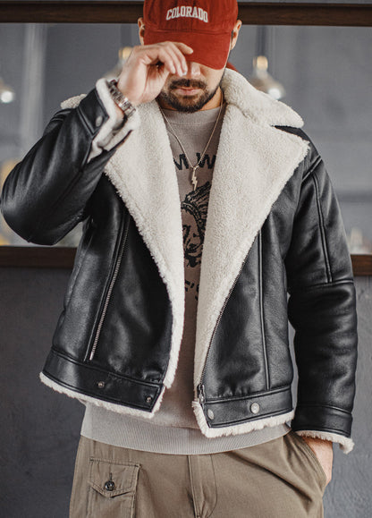 American G1 Flight Bomber Faux Textured Lambswool Lychee Leather Men's Jacket