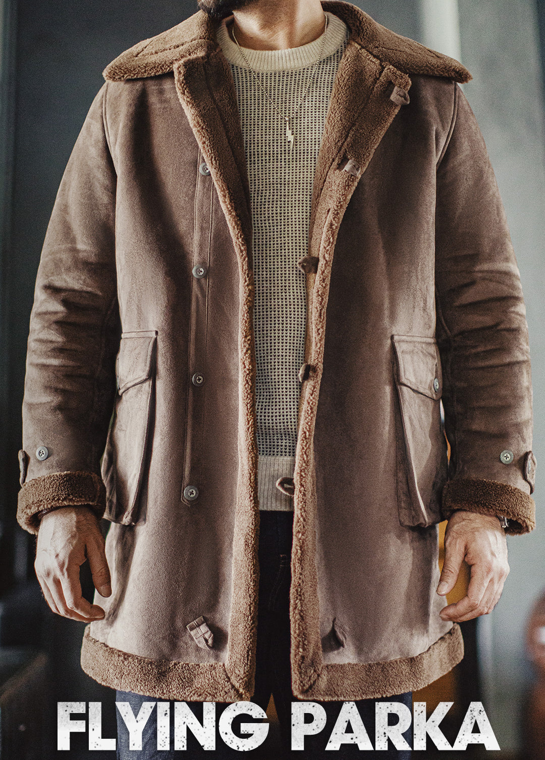 American Retro B7 Suede Parka Mid-Length Faux Lambswool Thickened Men's Coat