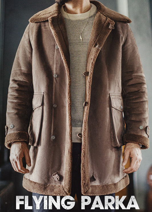 American Retro B7 Suede Parka Mid-Length Faux Lambswool Thickened Men's Coat