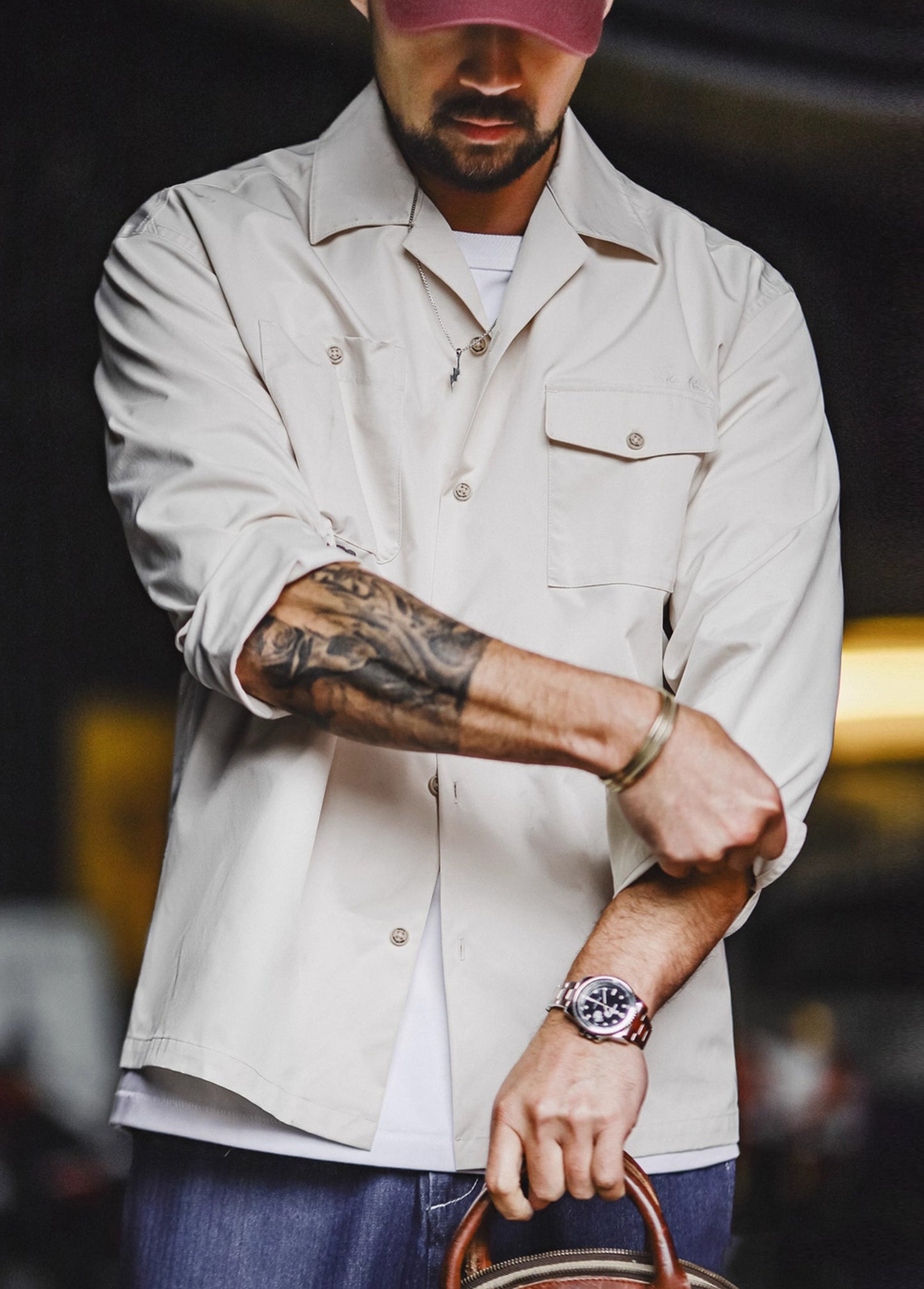 American Retro Print Cuban Collar Long Sleeve Oversized Silhouette Men's Shirt - Harmony Gallery