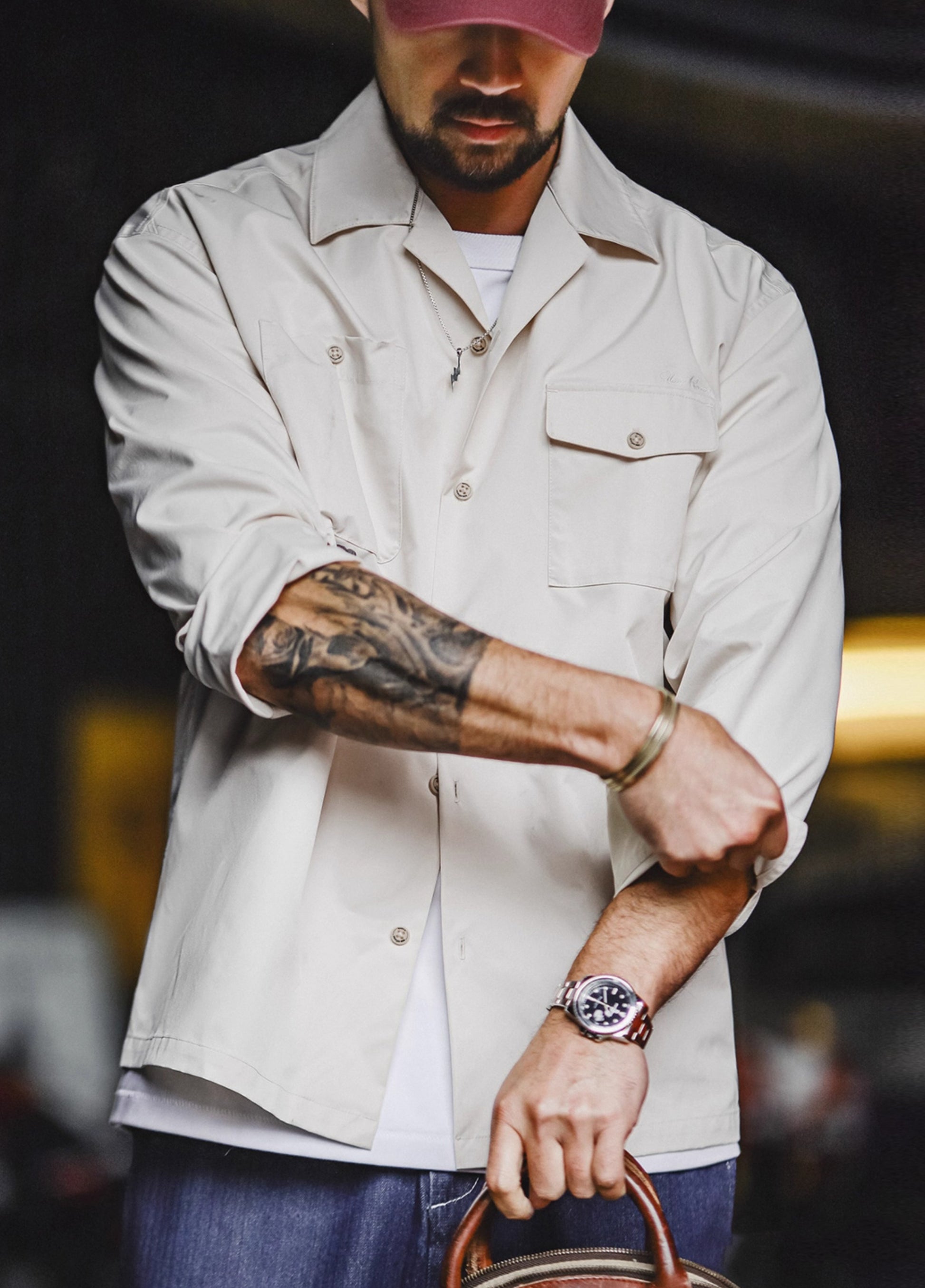 American Retro Print Cuban Collar Long Sleeve Oversized Silhouette Men's Shirt - Harmony Gallery