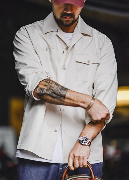 American Retro Print Cuban Collar Long Sleeve Oversized Silhouette Men's Shirt - Harmony Gallery