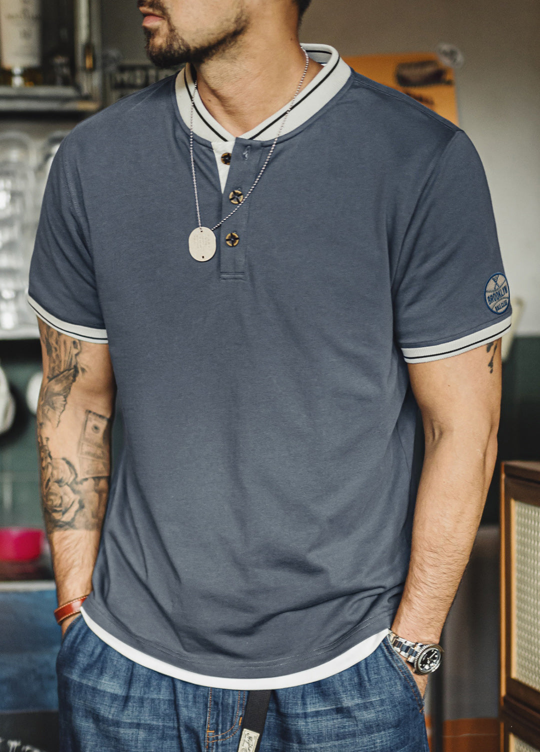 American Retro Henry Shirt Heavy Gray Blue Contrast Color Men's T-Shirt - Harmony Gallery