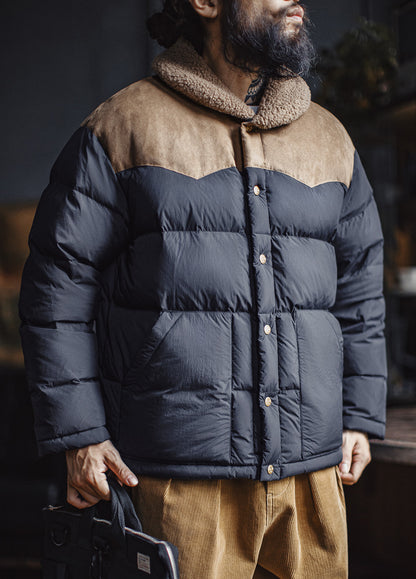 American Retro Color Block Fleece Collar Keep Warm Leisure Men's Jacket