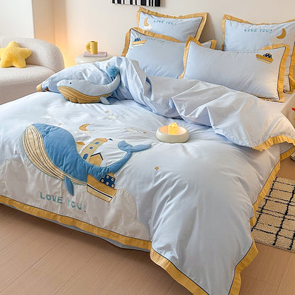 Cute Cartoon Whale For Boy And Girl  Pure Cotton Four-Piece Bed Set
