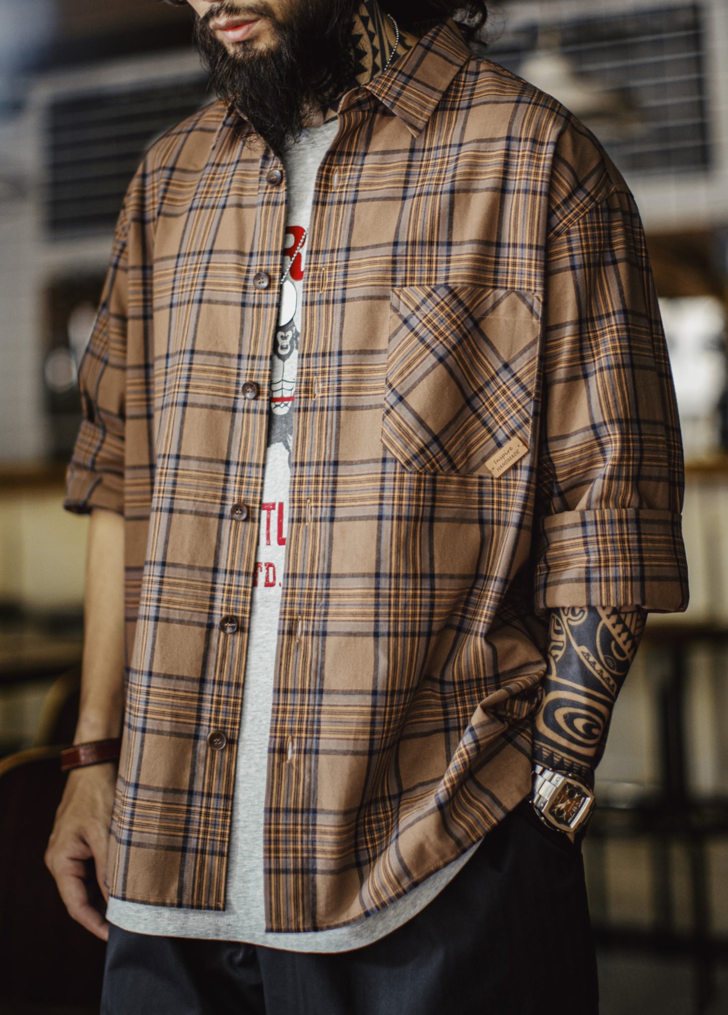 American Retro Plaid Thin Long-Sleeved Pure Cotton Brown Men's Shirt - Harmony Gallery