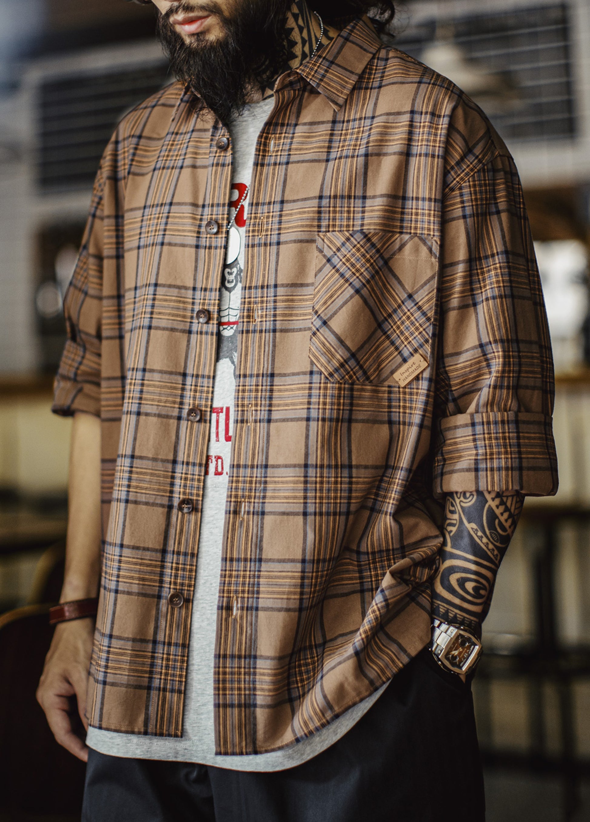 American Retro Plaid Thin Long-Sleeved Pure Cotton Brown Men's Shirt - Harmony Gallery