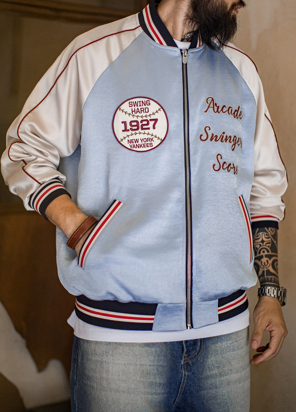 American Cloud And Water Color Embroidery Baseball Handsome Satin Men's Jacket - Harmony Gallery