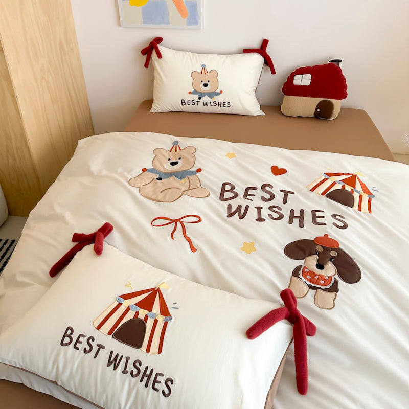 Cartoon Circus Bear Embroidery Pure Cotton Long Staple Four-Piece Bed Set