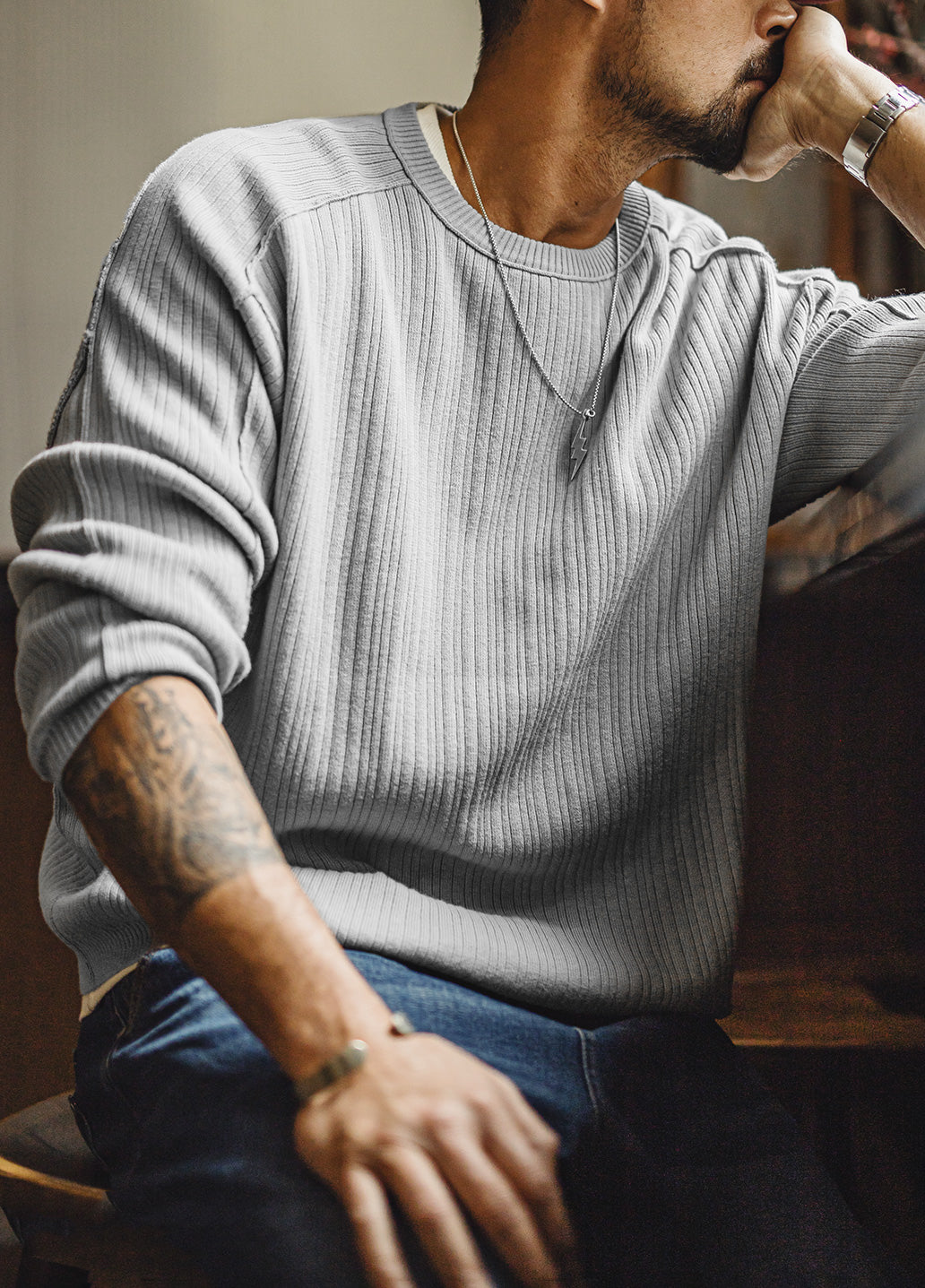 American Retro Casual Workwear Gray Pure Cotton Pit Striped Men's Sweater - Harmony Gallery