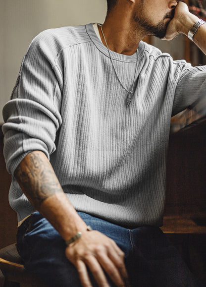 American Retro Casual Workwear Gray Pure Cotton Pit Striped Men's Sweater - Harmony Gallery