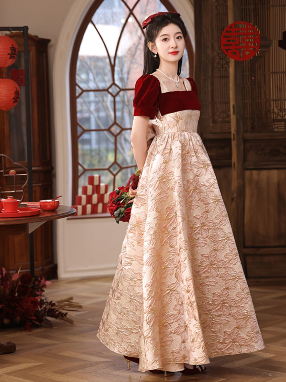 Vintage-Inspired Floral Jacquard Ball Gown with Velvet Accents - Harmony Gallery