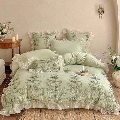 French Romantic Girly Four-Piece Thickened Coral Fleece Warm Bed Set