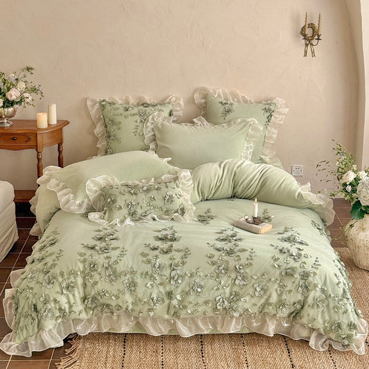 French Romantic Girly Four-Piece Thickened Coral Fleece Warm Bed Set