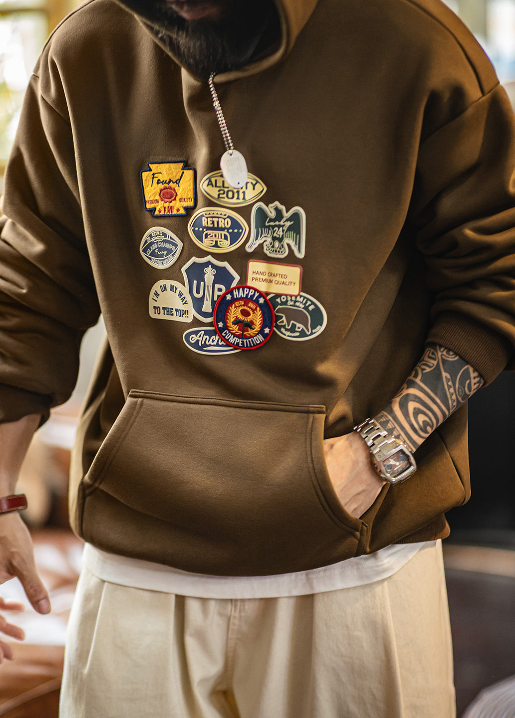 American Badge With Fleece Lining Micro-Elasticity Loose-Fitting Men's Sweater