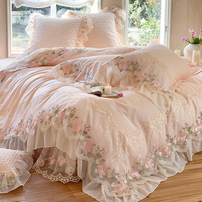 French Princess Cotton Long-Staple Four-Piece Lace Trim Mattress Protector Bed Set