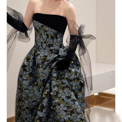 Elegant Black and Blue Floral Strapless Ball Gown with Sheer Gloves - Harmony Gallery