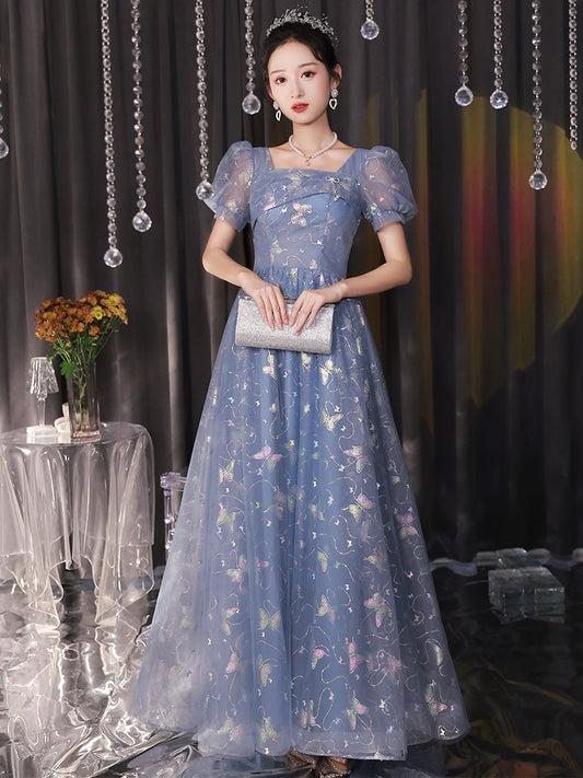 Enchanting Blue Butterfly Embroidered Tulle Evening Gown with Puff Sleeves