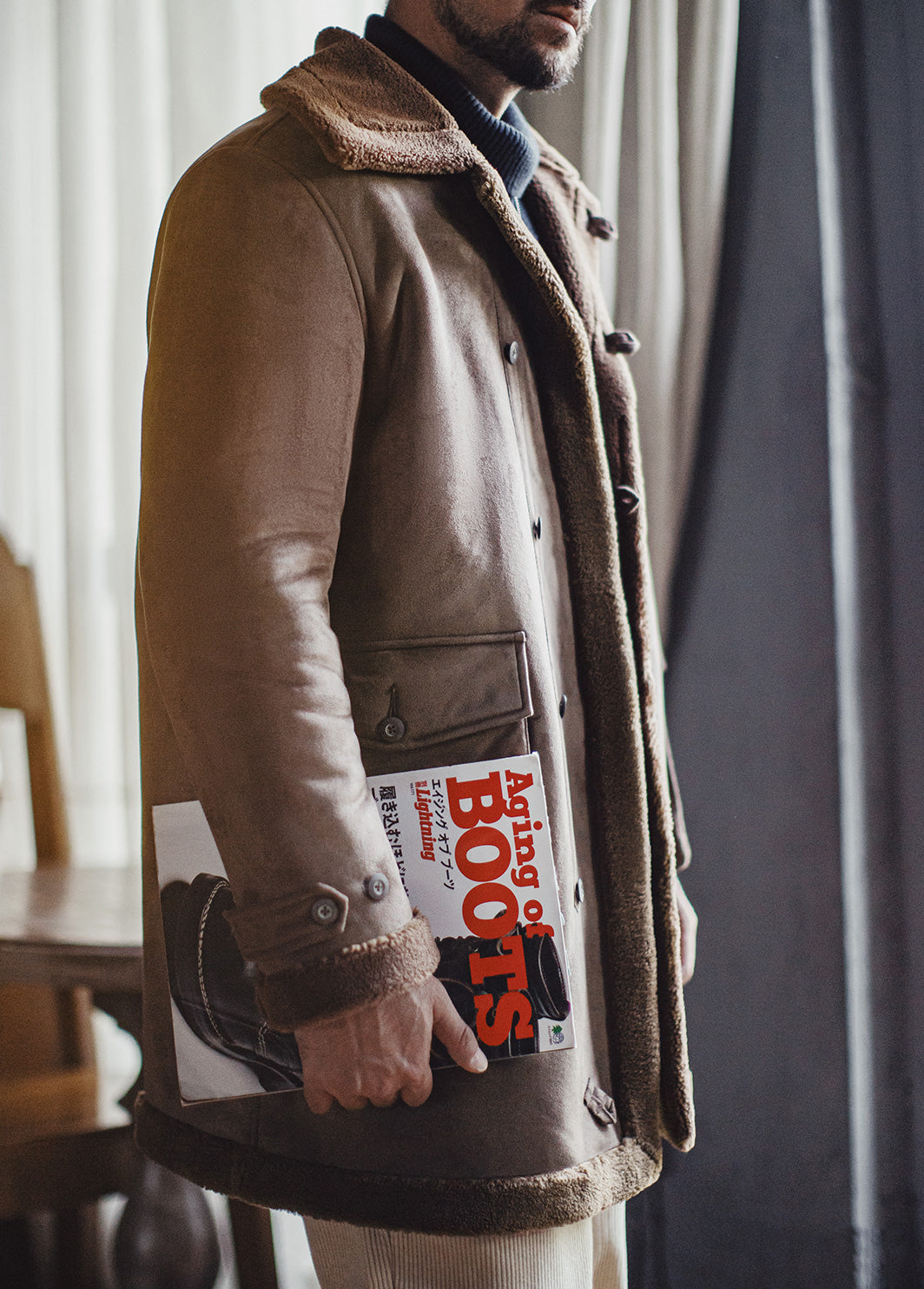 American Retro B7 Suede Parka Mid-Length Faux Lambswool Thickened Men's Coat