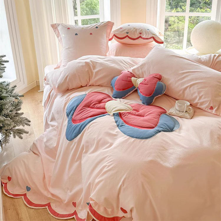 Girly Heart Cute Bow Washed Four-piece Pure Cotton Bed Set - Harmony Gallery