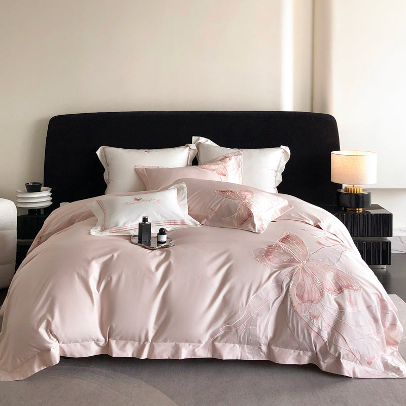 Light Luxury Cotton Exquisite Butterfly Embroidered Four-Piece Bed Set