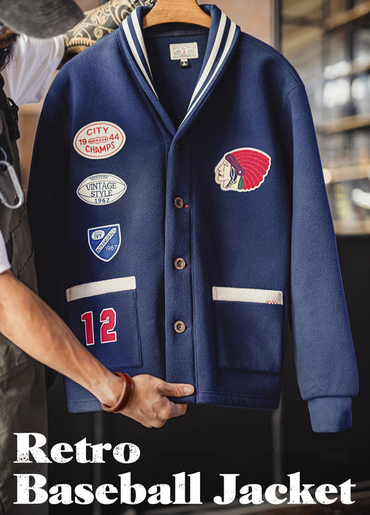 American Retro Shawl Collar Cardigan Fleece Warm Short Baseball Men's Jacket