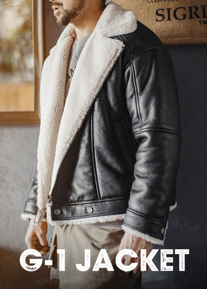 American G1 Flight Bomber Faux Textured Lambswool Lychee Leather Men's Jacket