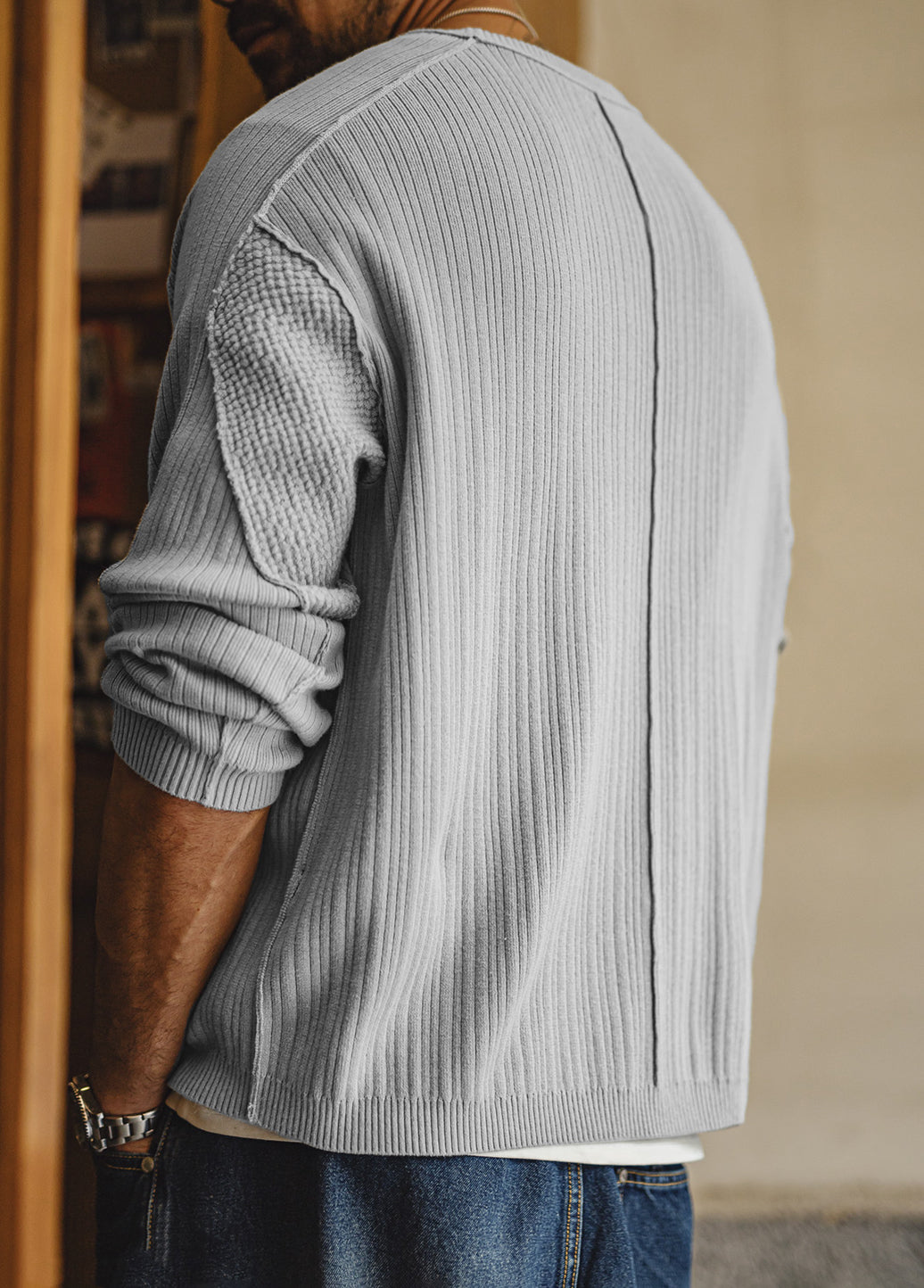 American Retro Casual Workwear Gray Pure Cotton Pit Striped Men's Sweater - Harmony Gallery