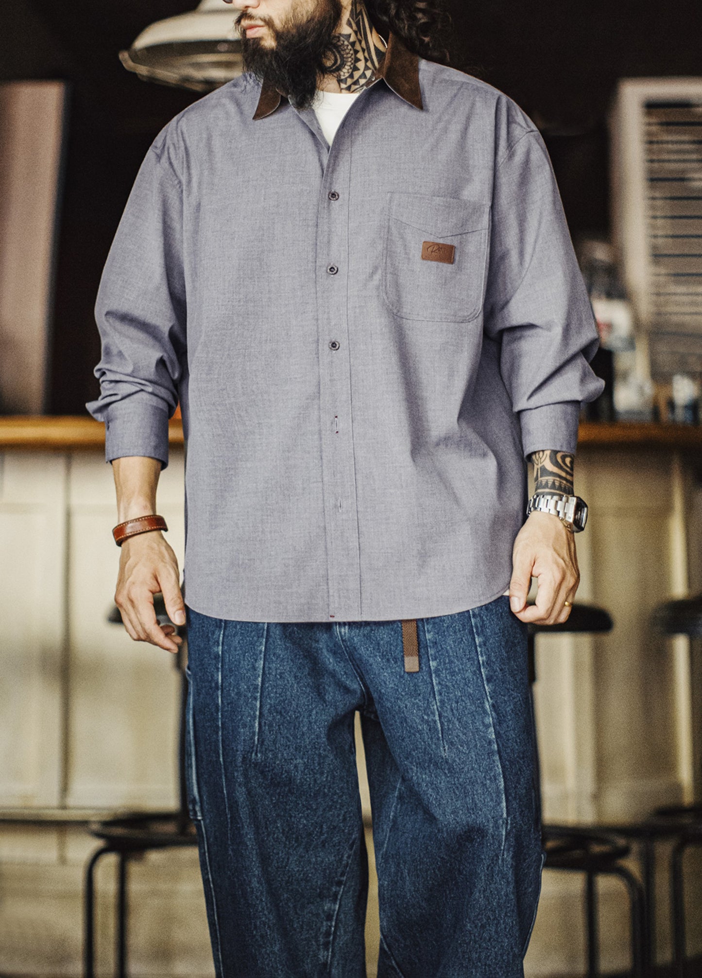 American Casual Corduroy Patchwork Meteorite Gray Thin Daily Men's Shirt - Harmony Gallery