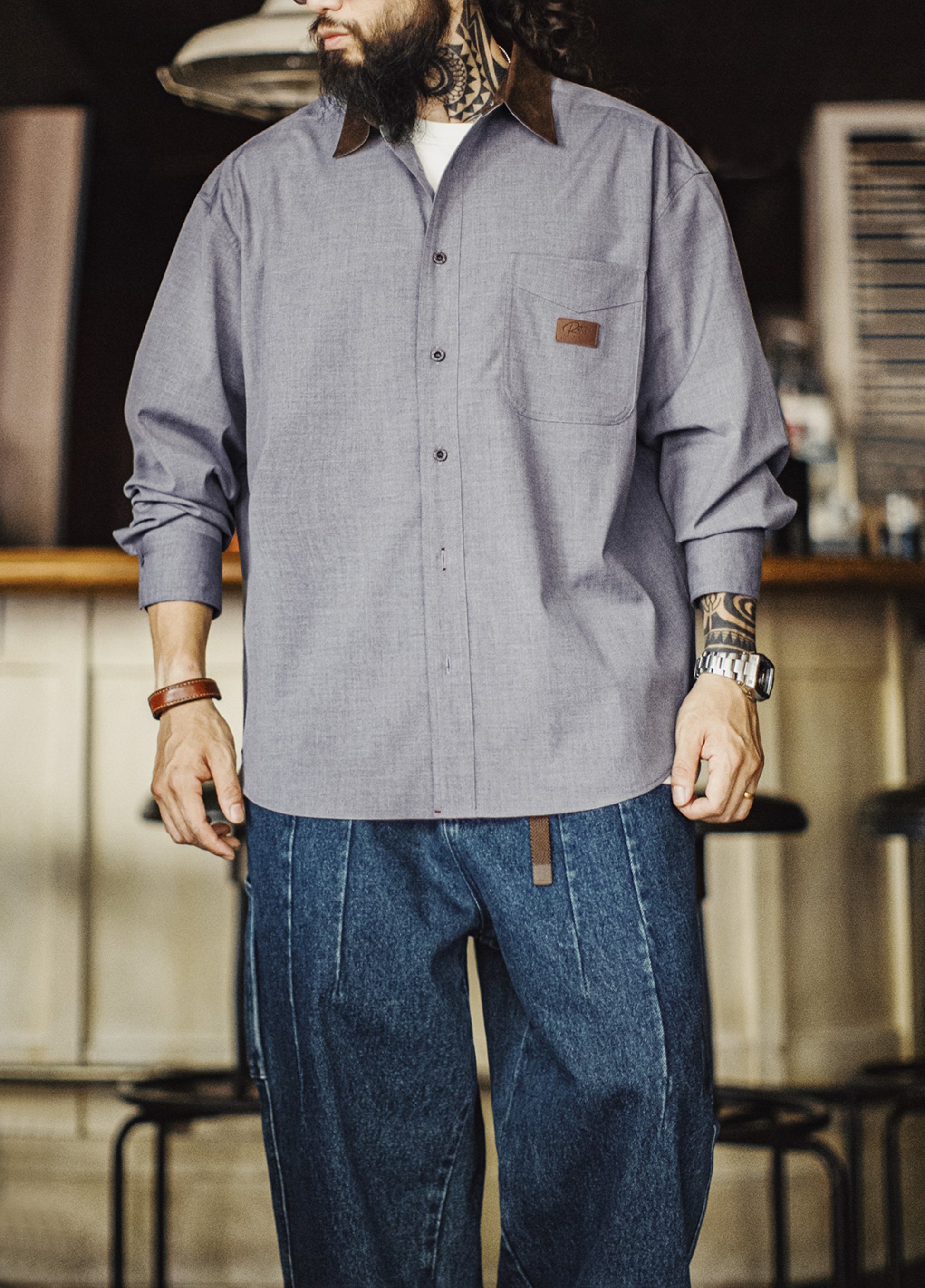 American Casual Corduroy Patchwork Meteorite Gray Thin Daily Men's Shirt - Harmony Gallery