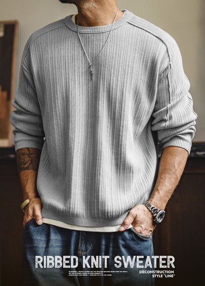 American Retro Casual Workwear Gray Pure Cotton Pit Striped Men's Sweater - Harmony Gallery