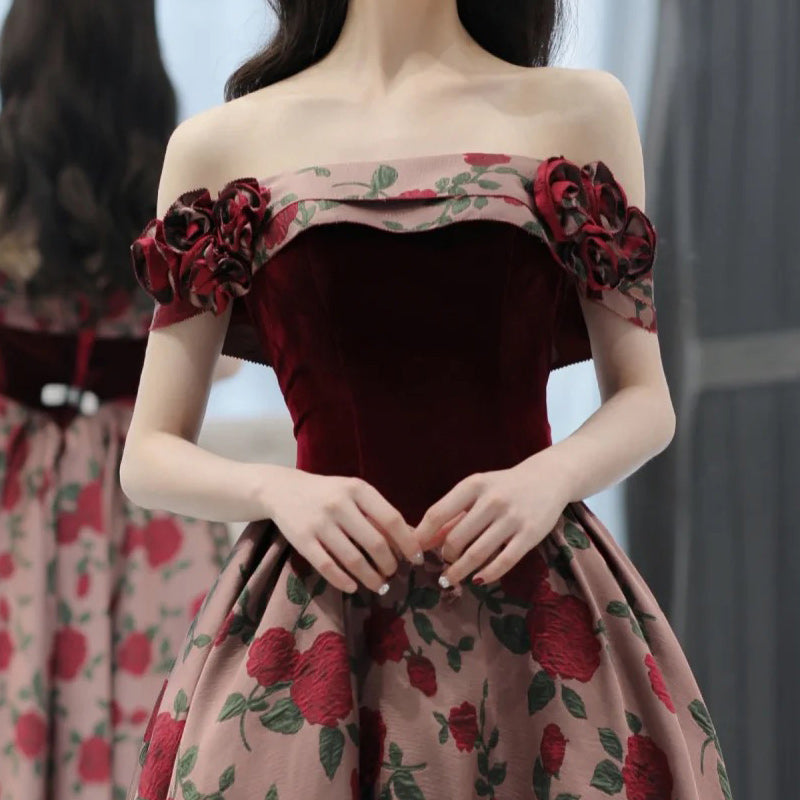 Vintage Rose Pattern Off-Shoulder Velvet Evening Gown - Harmony Gallery