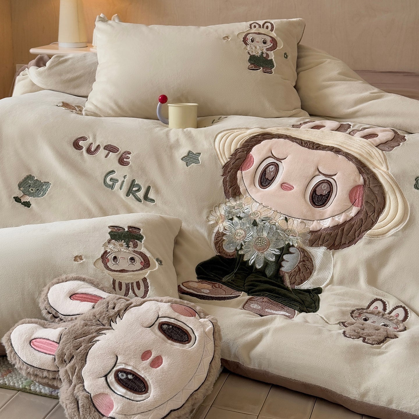 Cool Bear Cartoon Coral Fleece Warm Double-Sided Thick Four-Piece Bed Set