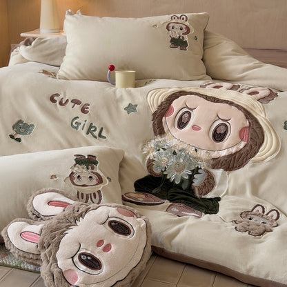 Cool Bear Cartoon Coral Fleece Warm Double-Sided Thick Four-Piece Bed Set