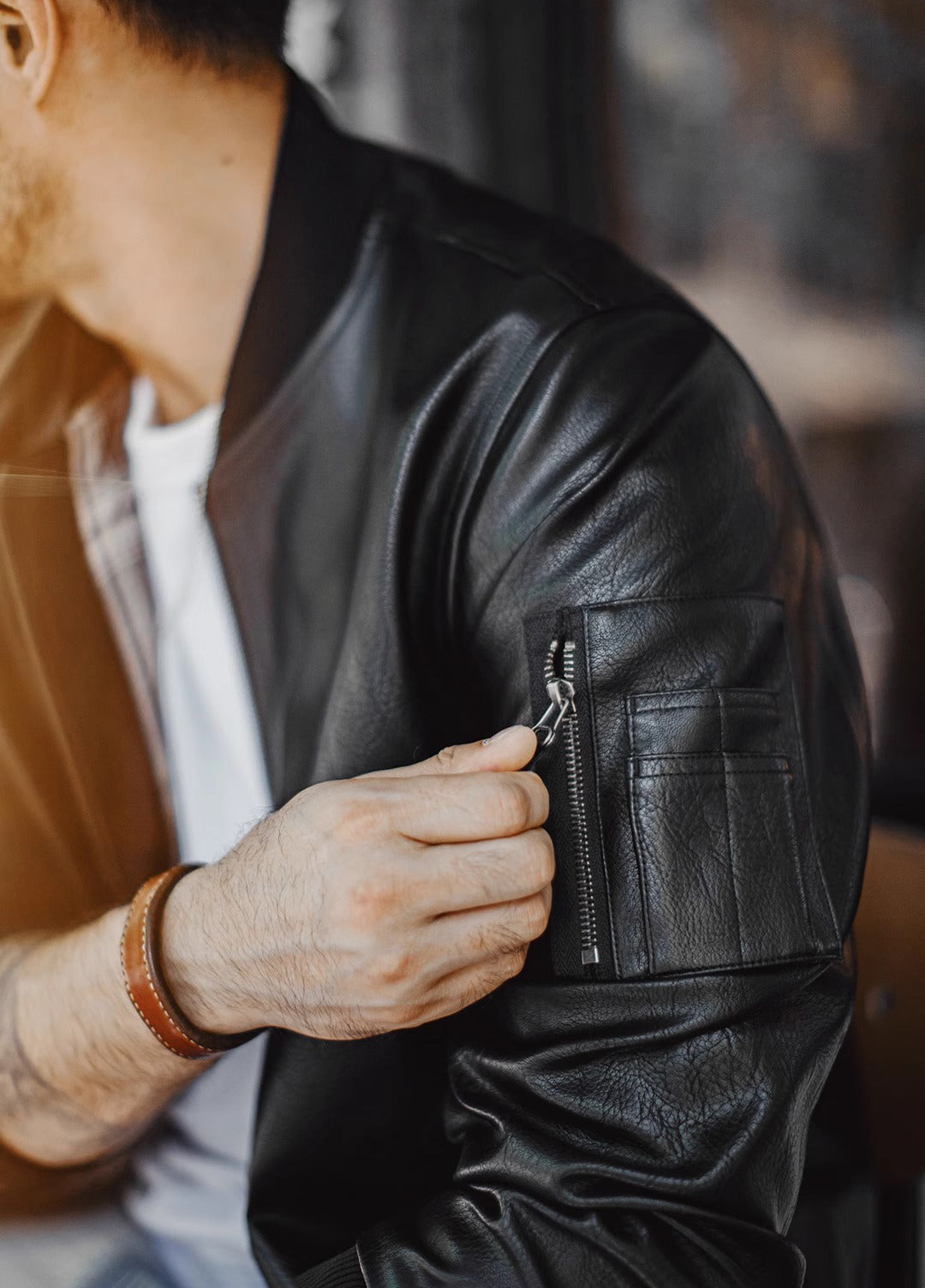 American MA1 Pilot Leather Handsome Short Lychee Pattern Men's Jacket - Harmony Gallery