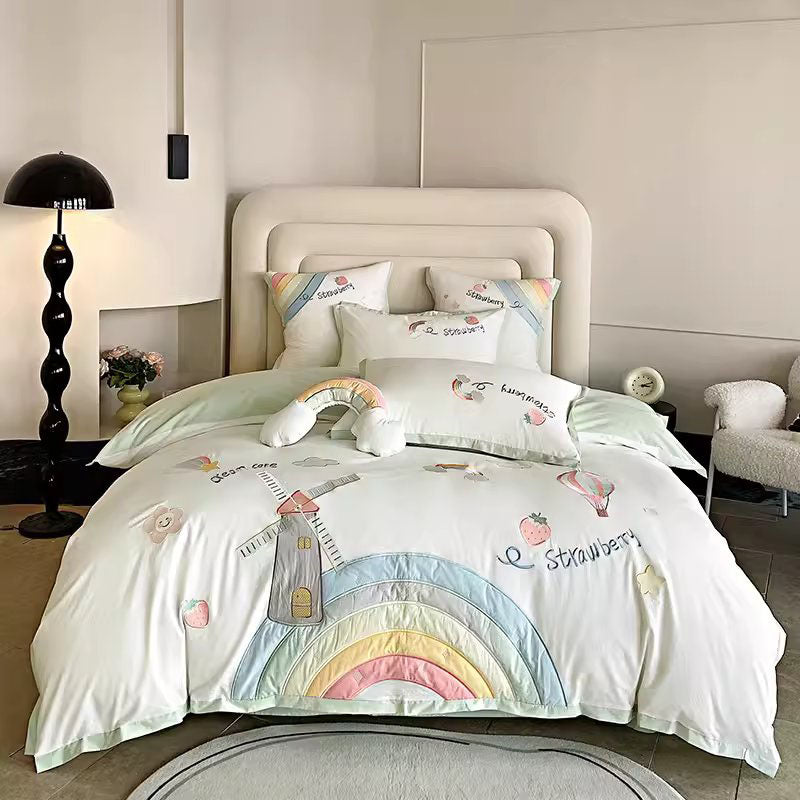 Cute Girly Heart Rainbow Pure Cotton Washed Four-Piece Bed Set - Harmony Gallery