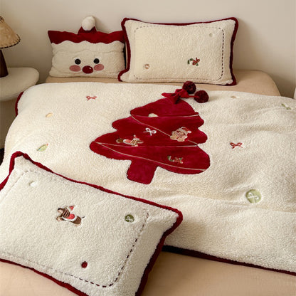 Christmas Cartoon Red Tree Thickened Lambskin Four-piece Warm Winter Bed Set - Harmony Gallery