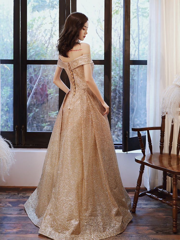Elegant Off-Shoulder Gold Glitter Evening Gown - Harmony Gallery