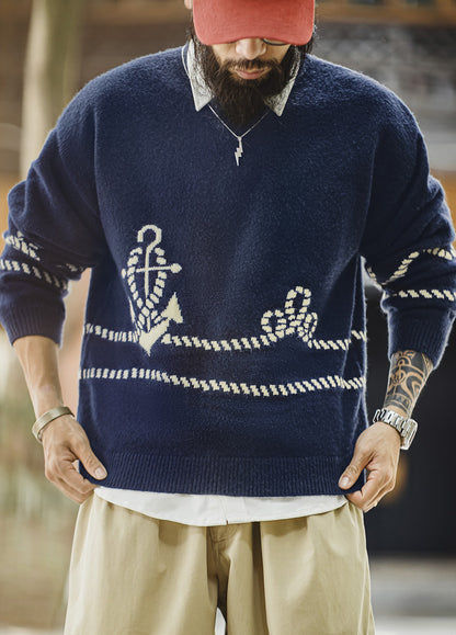 American Retro Pullover Wearable With Knitwear And Fleece-Lined Men's Sweater