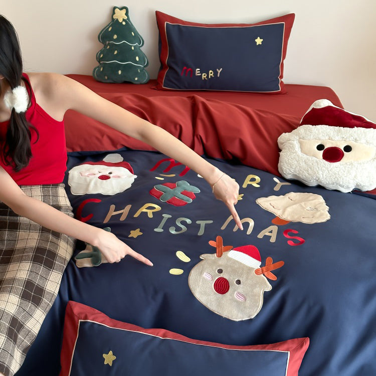 Winter Santa Claus Thickened All-Cotton Brushed Warm Four-Piece Bed Set