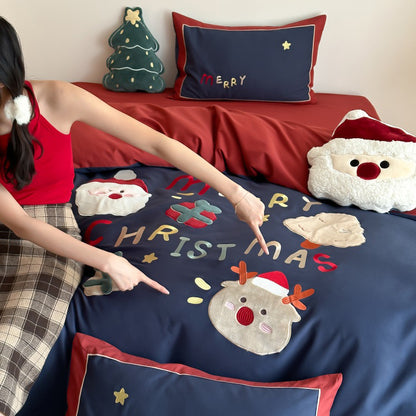 Winter Santa Claus Thickened All-Cotton Brushed Warm Four-Piece Bed Set