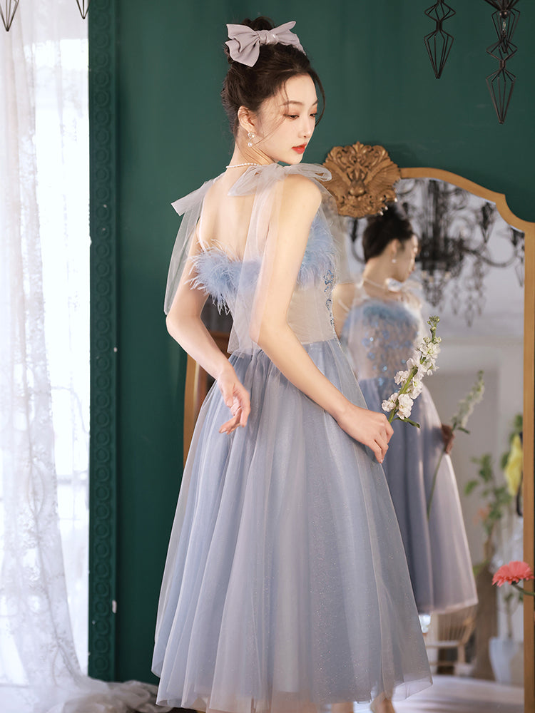 Enchanting Blue and Beige Floral Embroidered Tulle Ball Gown with Feather Trim - Harmony Gallery