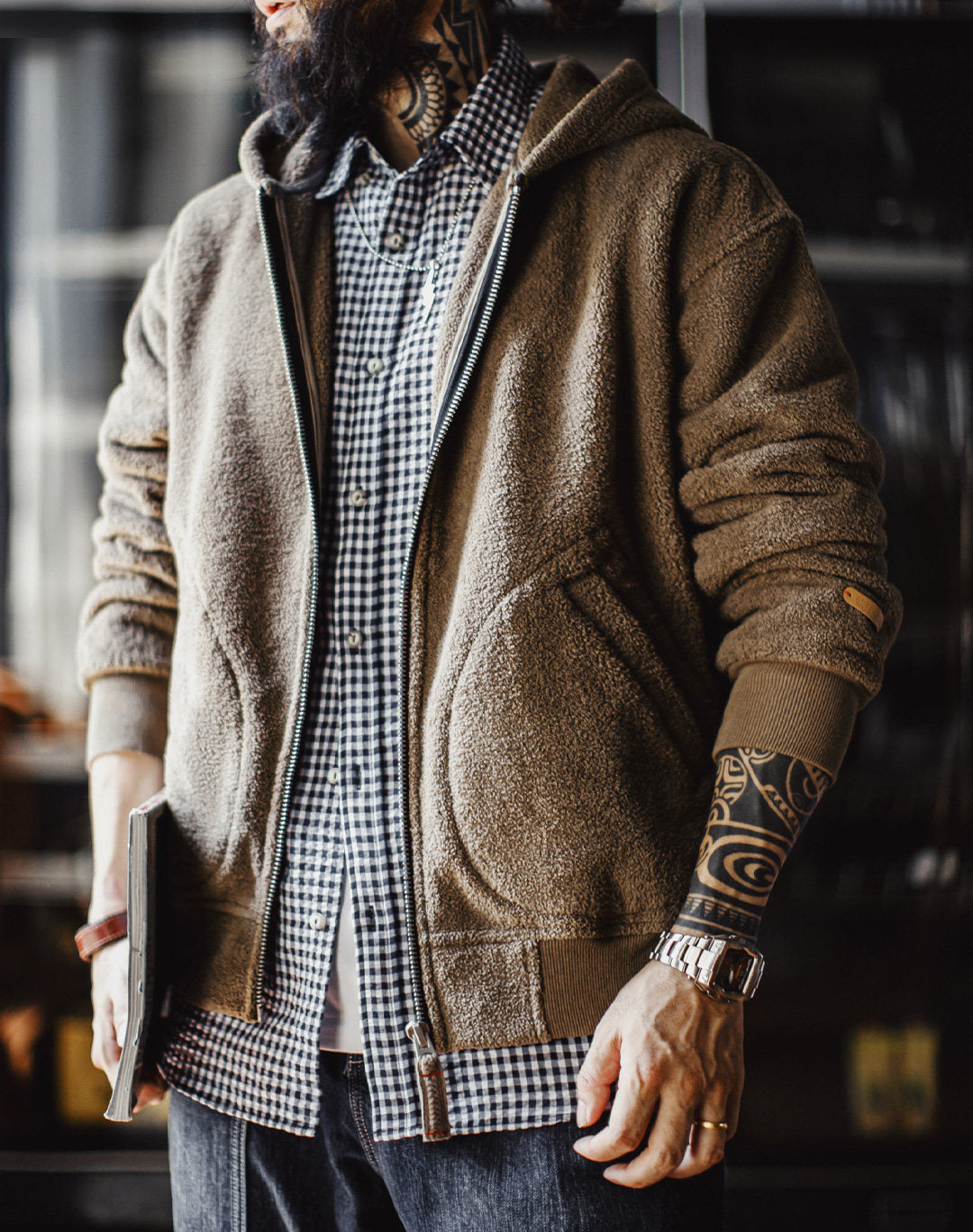 American Retro Fleece Cardigan Hoodie Thickened Warm Fleece Men's Jacket