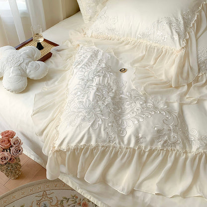 Set da letto in quattro pezzi in morbido cotone francese romantico in pizzo principessa