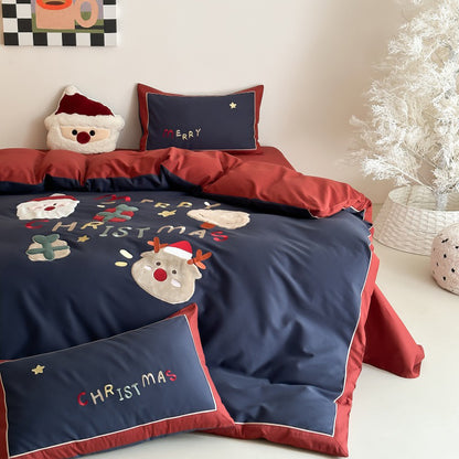Winter Santa Claus Thickened All-Cotton Brushed Warm Four-Piece Bed Set